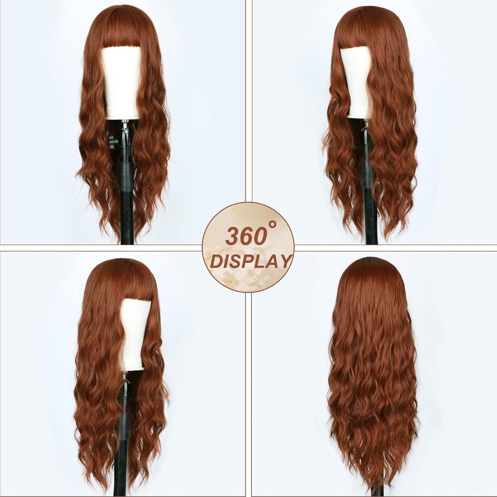 [26 INCHES] Auburn Long Wavy Wig with Bangs - Picture 4 of 9